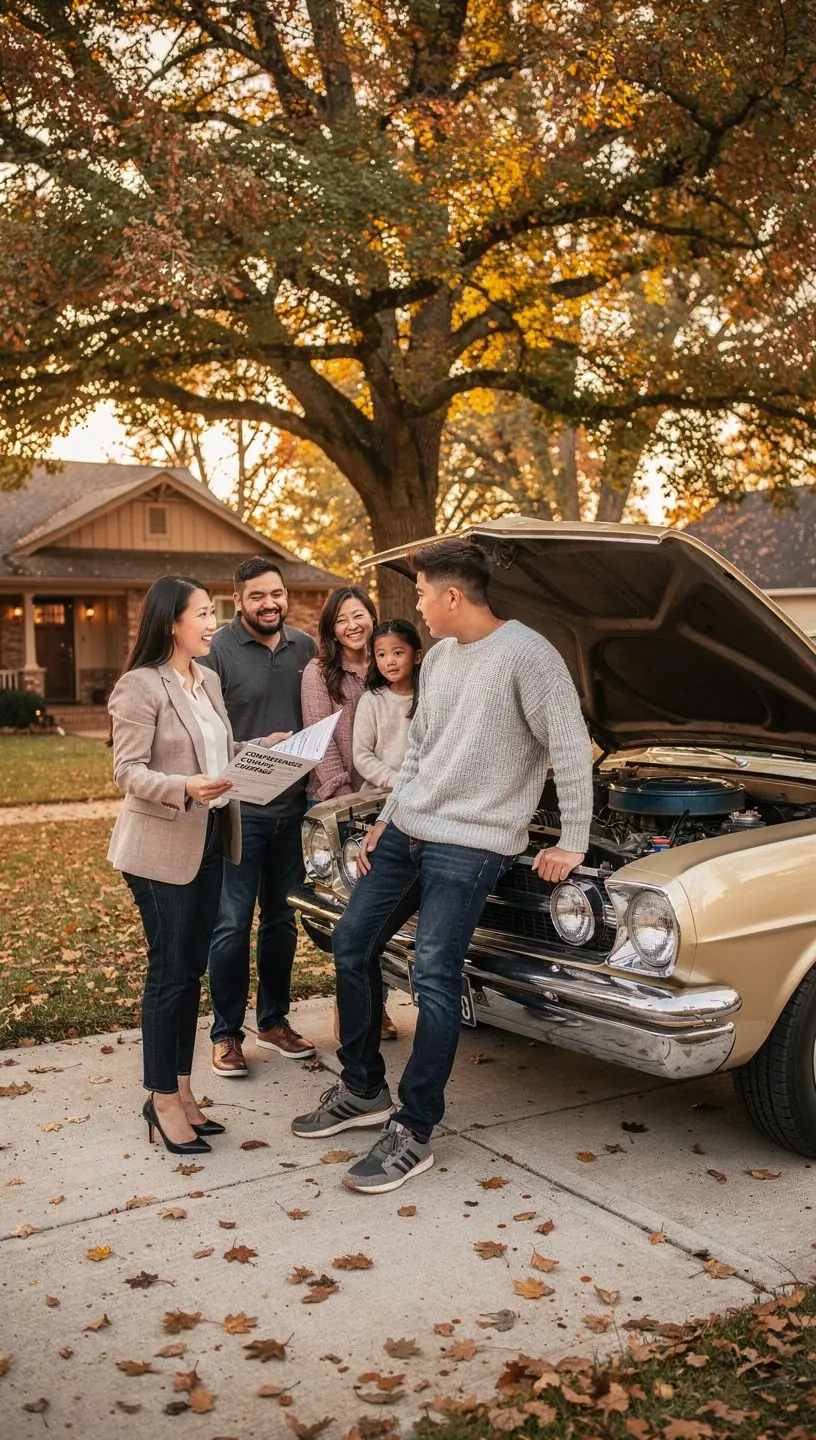 Rodzina szczęśliwa w nowym samochodzie, ciesząca się bezpieczeństwem dzięki kompleksowemu ubezpieczeniu.